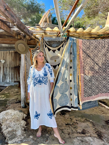 Salu dress with hand embroidery blue and white -  AUROBELLE  IBIZA