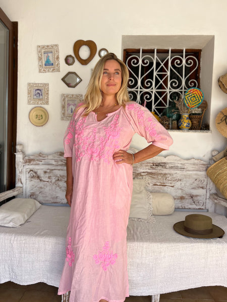 Salu dress with hand embroidery pinky -  AUROBELLE  IBIZA
