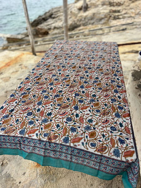 Sarong   , Pareo  , cotton shawl and beach Deluxe Block print collection, blue turquoises flower  🪷 -  AUROBELLE  IBIZA