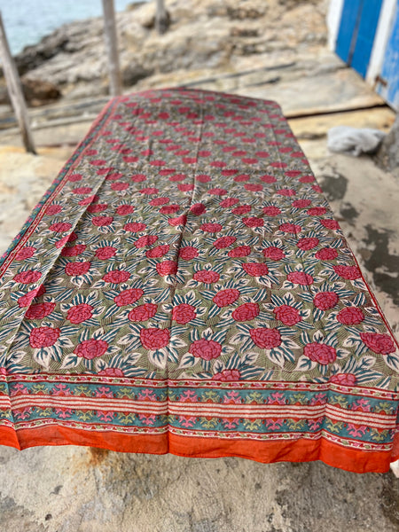 Sarong   , Pareo  , cotton shawl and beach Deluxe Block print collection, orange green 🪷 -  AUROBELLE  IBIZA