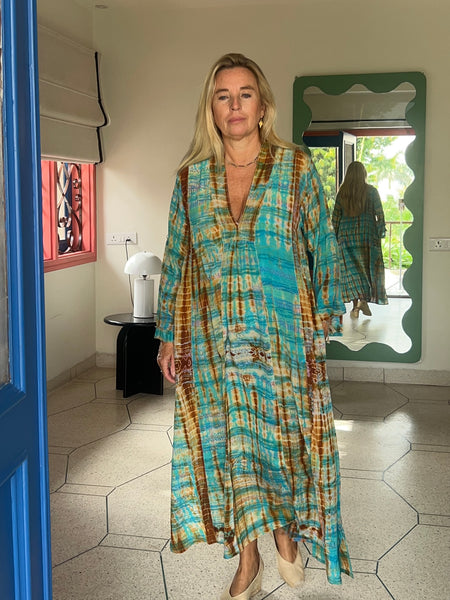 Silk Martha Kaftan – Upcycled Vintage Sari Collection no 10  turquoise brown