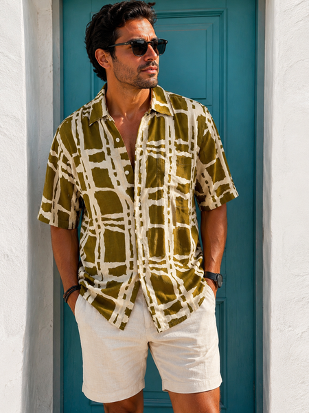 Uni sex shirt for Men or woman half sleeve in green square -  AUROBELLE  IBIZA
