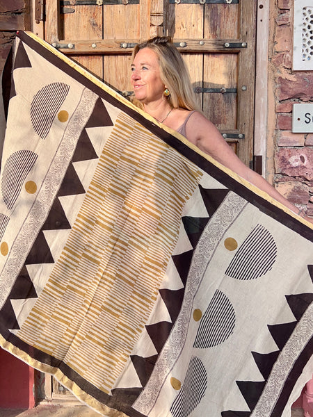 Sarong  Pareo  collection big size with golden zari border No 10 Yellow Art -  AUROBELLE  IBIZA