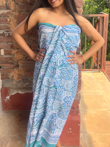 Sarong   , Pareo  , cotton shawl and beach Deluxe Block print collection,green and blue love -  AUROBELLE  IBIZA