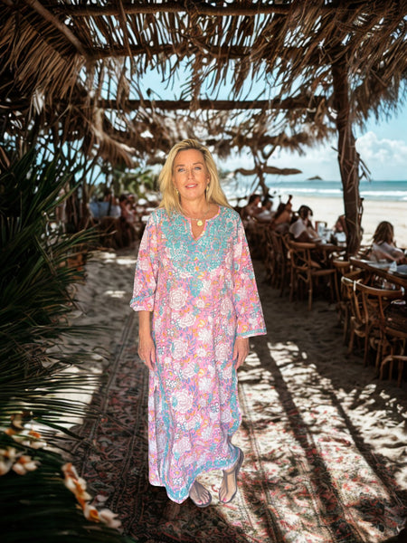 Pink Boho Cotton Maxi Dress – Loose Summer Dress for Women – Floral Ibiza Style Dress – Comfortable Resort Dress for Women Over 50 – Bohemian Beach Dress