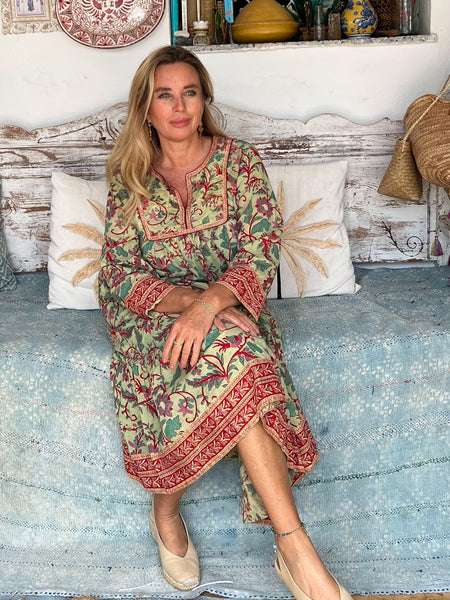 Vintage dress Green red Boho