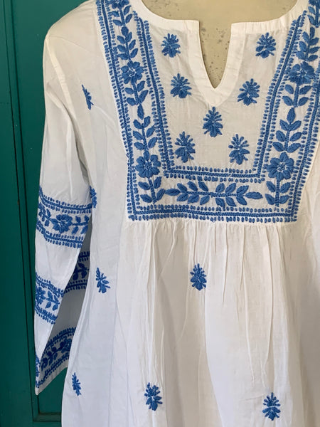 Mumbai  dress white with hand embroidery in sky blue