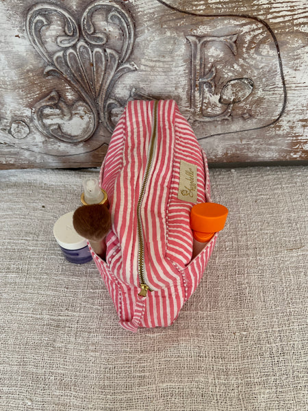 Aurobelle Hand Blockprint Cosmetic Bag – Large Travel Beauty Organizer4 pockets stripes pink -  AUROBELLE  IBIZA