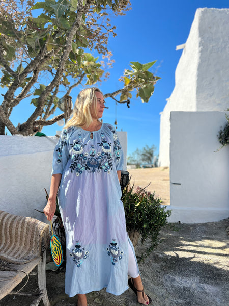 Salu dress with hand embroidery light blue with color embroidery