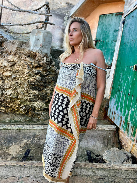 Big size Sarong ,Hand Block Printed Extra Large Sarong | Organic Cotton Muslin | Natural Bagru Print with Golden Sari yellows geometric -  AUROBELLE  IBIZA