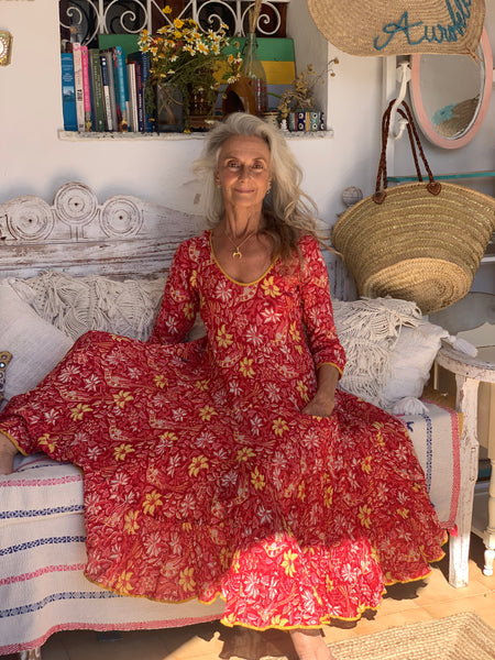 Sundress in a red  Joy flower hand block print