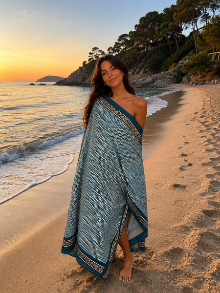 Sarong   , Pareo  , cotton shawl and beach Deluxe Block print collection, ethic blue black geo -  AUROBELLE  IBIZA