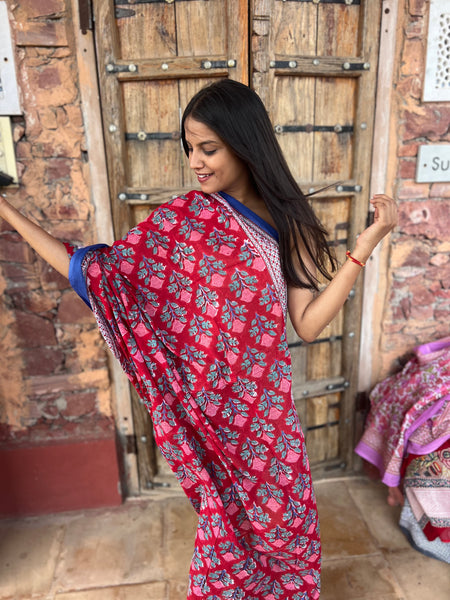 Sarong   , Pareo  , cotton shawl and beach Deluxe Block print collection,Ibiza pink /red Roses 🌹 -  AUROBELLE  IBIZA