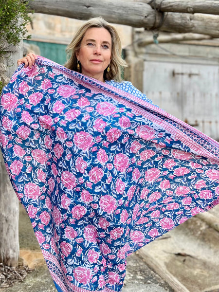 Sarong   , Pareo  , cotton shawl and beach Deluxe Block print collection, blue 🌸 pink flower -  AUROBELLE  IBIZA