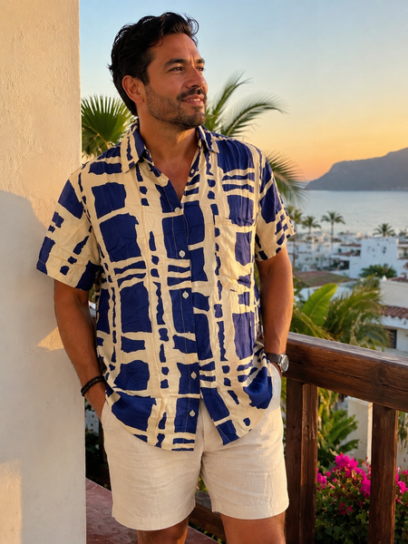 Uni sex shirt for Men or woman half sleeve in blue cobalt block print -  AUROBELLE  IBIZA