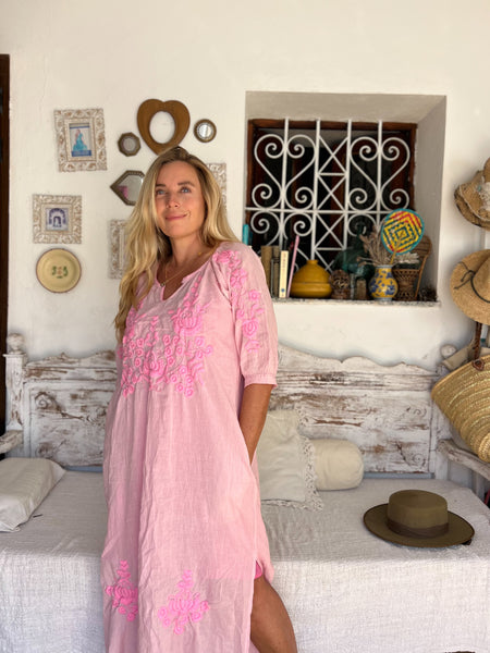 Salu dress with hand embroidery pinky -  AUROBELLE  IBIZA