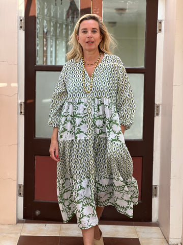 Nisha green boho blockprint cotton/combination dress green white AUROBELLE IBIZA Nisha green boho blockprint cotton/combination dress green white AUROBELLE IBIZA