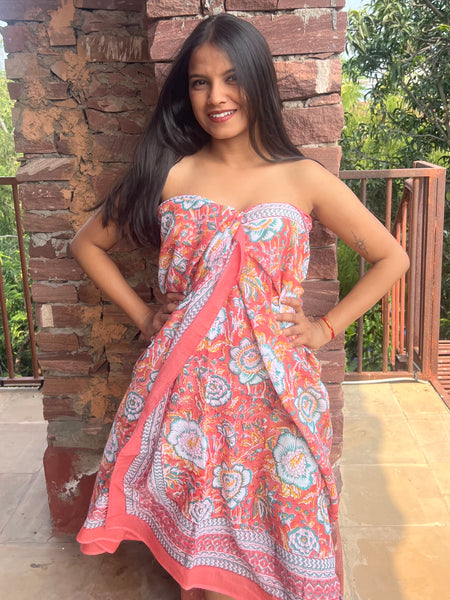 Sarong   , Pareo  , cotton shawl and beach Deluxe Block print collection, apricot calendula 🌹 -  AUROBELLE  IBIZA