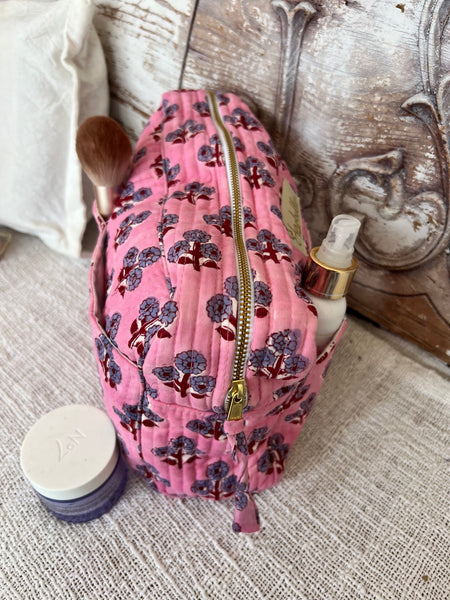 Aurobelle Hand Blockprint Cosmetic Bag – Large Travel Beauty Organizer4 pockets flower pink -  AUROBELLE  IBIZA