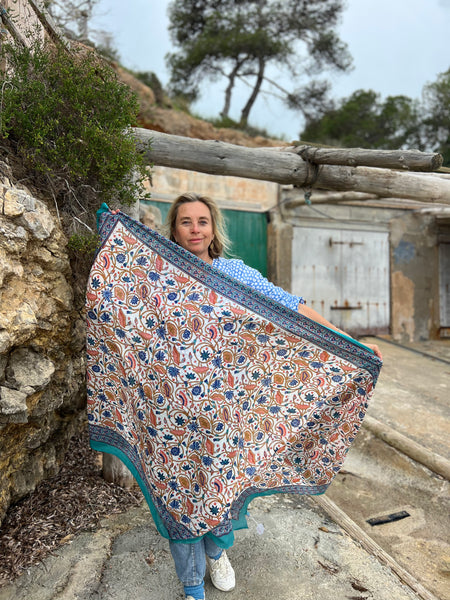 Sarong   , Pareo  , cotton shawl and beach Deluxe Block print collection, blue turquoises flower  🪷 -  AUROBELLE  IBIZA