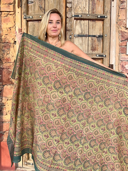 Sarong   , Pareo  , cotton shawl and beach Deluxe Block print collection,olive green jungle  🪷 -  AUROBELLE  IBIZA