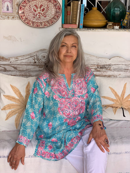 Silk Tunic – Turquoise Ocean Blue with Hand Embroidery
