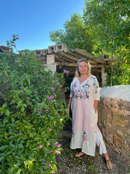 Salu dress with hand embroidery -white with color embroidery -  AUROBELLE  IBIZA