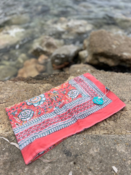 Sarong   , Pareo  , cotton shawl and beach Deluxe Block print collection, abricot flower -  AUROBELLE  IBIZA
