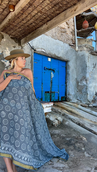 Big size Sarong ,Hand Block Printed Extra Large Sarong | Organic Cotton Muslin | Natural Bagru Print with Golden Grey cool   🌺 -  AUROBELLE  IBIZA