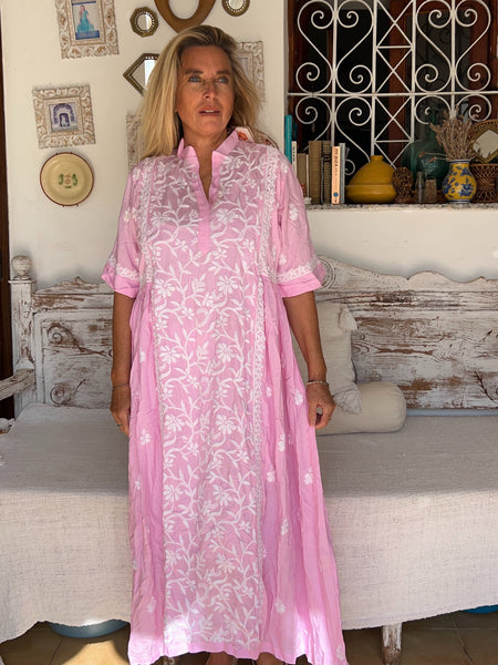 Rani Rosa  short arm ,  dress with hand embroidery -  AUROBELLE  IBIZA