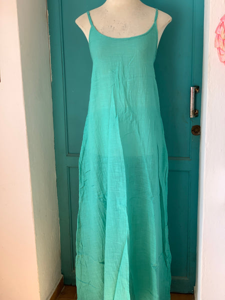 Plain basic boho summer linen maxi dress turquoise