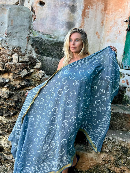 Big size Sarong ,Hand Block Printed Extra Large Sarong | Organic Cotton Muslin | Natural Bagru Print with Golden Grey cool   🌺 -  AUROBELLE  IBIZA