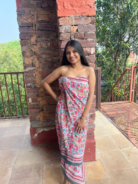 Sarong   , Pareo  , cotton shawl and beach Deluxe Block print collection,pink flower garden   🌹 -  AUROBELLE  IBIZA