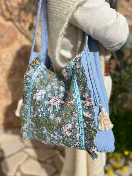 One-of-a-Kind Ibiza Patchwork Bag- be the change you want to see - green flower -  AUROBELLE  IBIZA