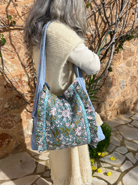 One-of-a-Kind Ibiza Patchwork Bag- be the change you want to see - green flower -  AUROBELLE  IBIZA
