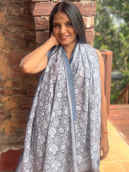 Sarong   , Pareo  , cotton shawl and beach Deluxe Block print collection,elegant grey 🌸 -  AUROBELLE  IBIZA