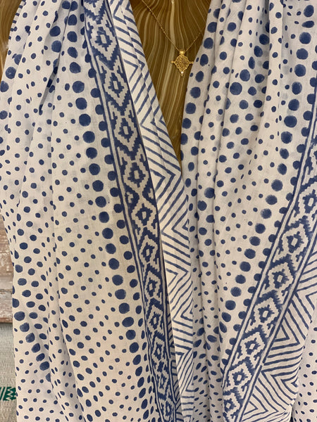 Blue and white Sarong   or Pareo in block print new collection