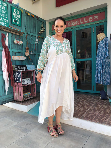 Lio lux kaftan white and turquoise