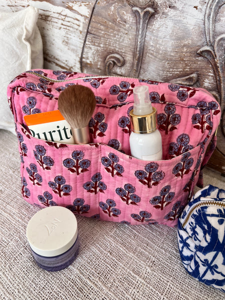 Aurobelle Hand Blockprint Cosmetic Bag – Large Travel Beauty Organizer4 pockets flower pink -  AUROBELLE  IBIZA