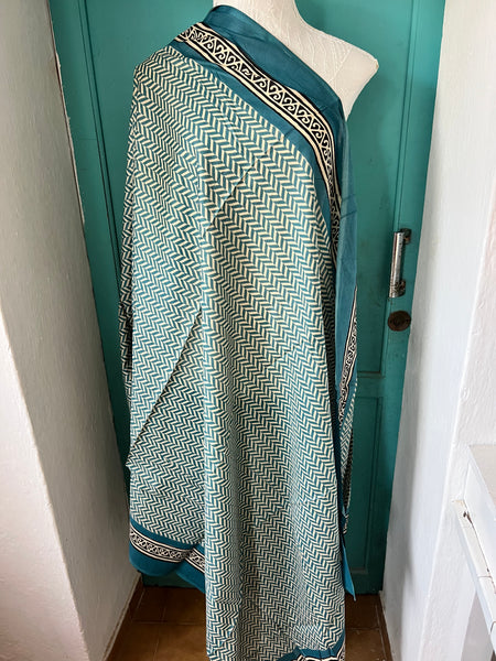 Sarong   , Pareo  , cotton shawl and beach Deluxe Block print collection, ethic blue black geo -  AUROBELLE  IBIZA