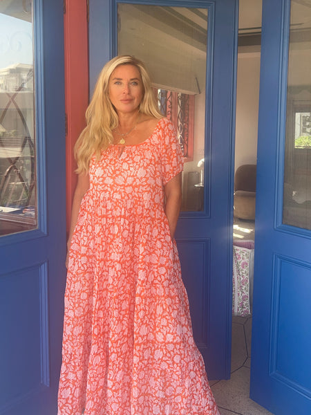 Ishi Daughter Dress – Hand Block Printed Boho Maxi Orange flower Dream