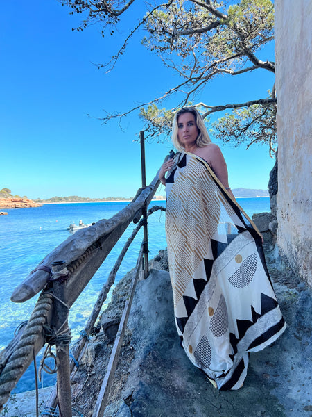 Big size Sarong ,Hand Block Printed Extra Large Sarong | Organic Cotton Muslin | Natural Bagru Print with Golden Modern Art  🌺 -  AUROBELLE  IBIZA