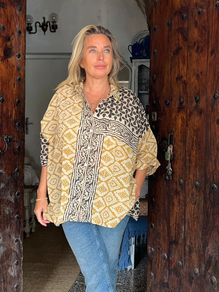 Free size boho stripe ethnic blouse  yellow triangle