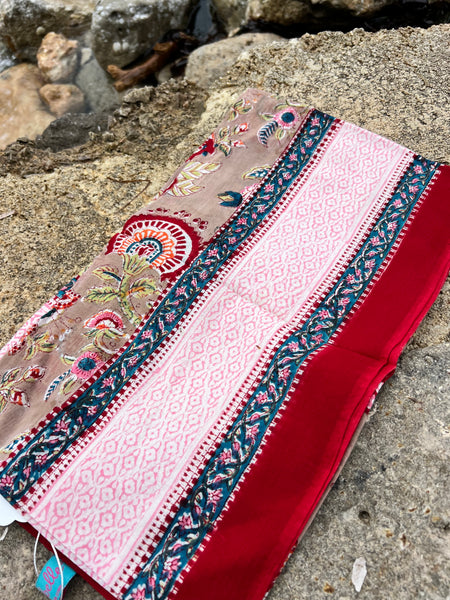 Sarong   , Pareo  , cotton shawl and beach Deluxe Block print collection, beige red flower print -  AUROBELLE  IBIZA