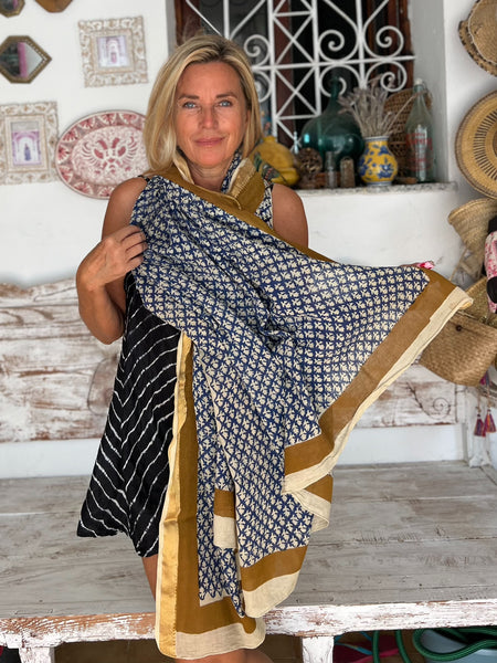 Hand Block Printed Extra Large Sarong | Organic Cotton Muslin | Natural Bagru Print with Golden Sari Border no 4 Jeans