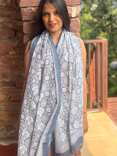 Sarong   , Pareo  , cotton shawl and beach Deluxe Block print collection,elegant grey 🌸 -  AUROBELLE  IBIZA