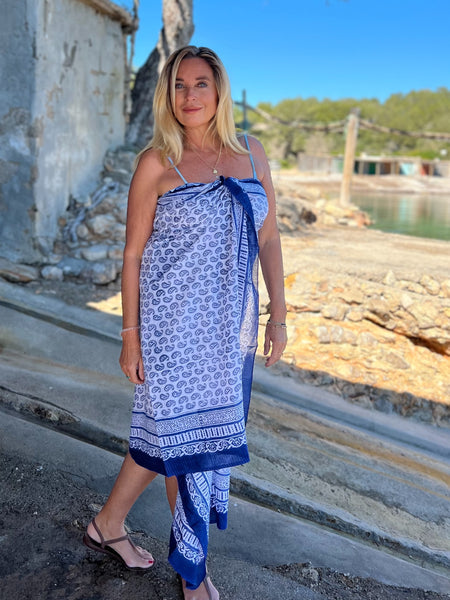 Sarong   , Pareo  , cotton shawl and beach Deluxe Block print collection,blue white paisley 🪷 -  AUROBELLE  IBIZA