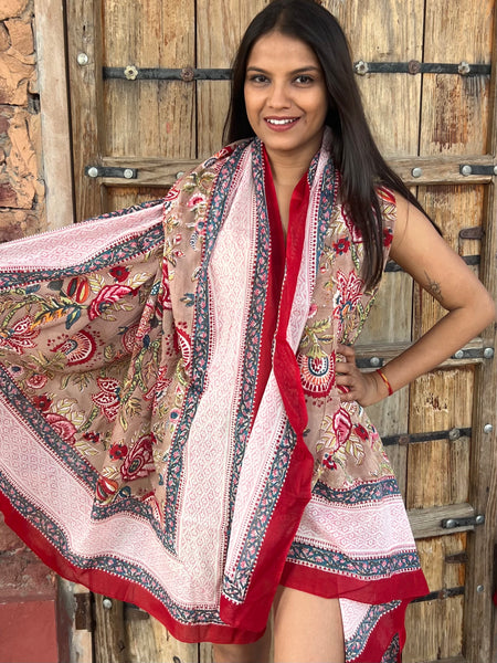 Sarong   , Pareo  , cotton shawl and beach Deluxe Block print collection,Sandy flower garden🌸 -  AUROBELLE  IBIZA