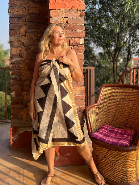 Sarong  Pareo  collection big size with golden zari border No 10 Yellow Art -  AUROBELLE  IBIZA