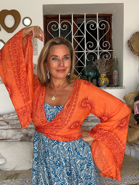 Bohemian  Wrap Top with Om Print – Spiritual Festival Crop Blouse hippie wrap blouse